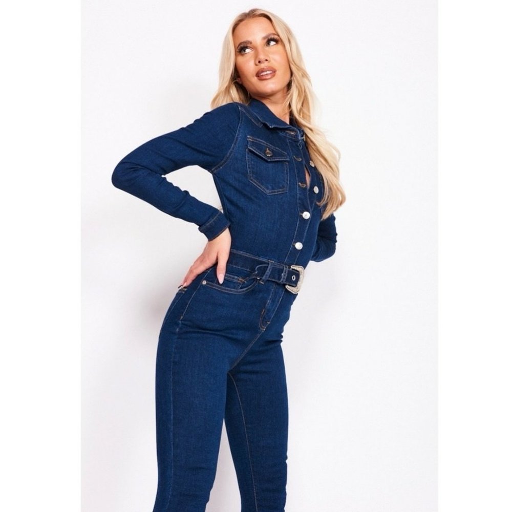 Blue Denim Jeans Long Sleeve Belted Bodycon Jumpsuit Playsuit - Picture 4 of 13